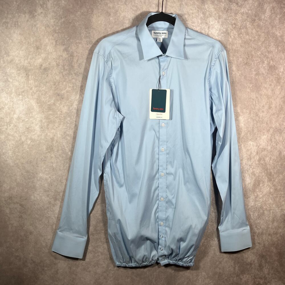 Tommy John Stay Tucked Dress Shirt Mens 15.5 34-35 Blue Slim Fit Button Up NEW